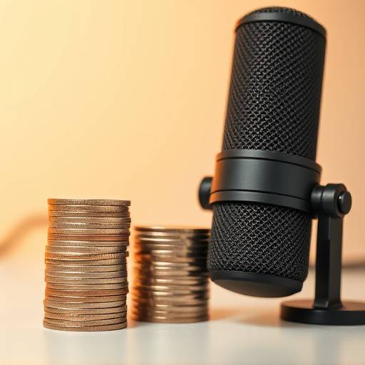 A stack of coins next to a podcasting microphone, symbolizing monetization.