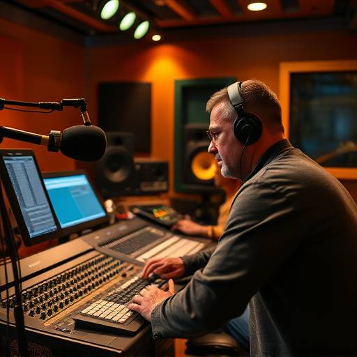 An audio engineer working on a mixing console.