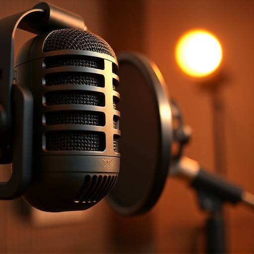 Close-up of a professional podcasting microphone in a studio setting.