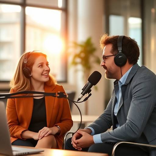 Two people discussing podcast strategy.