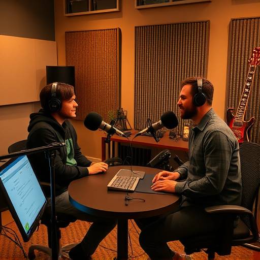 Two podcasters recording a podcast in a professional studio.